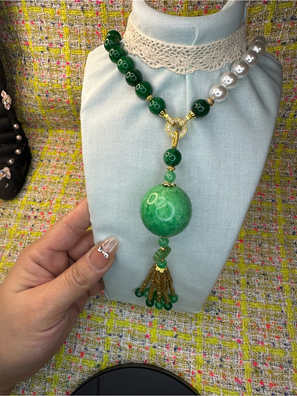 Old material glazed frog skin beaded Tassel Pendant Necklace